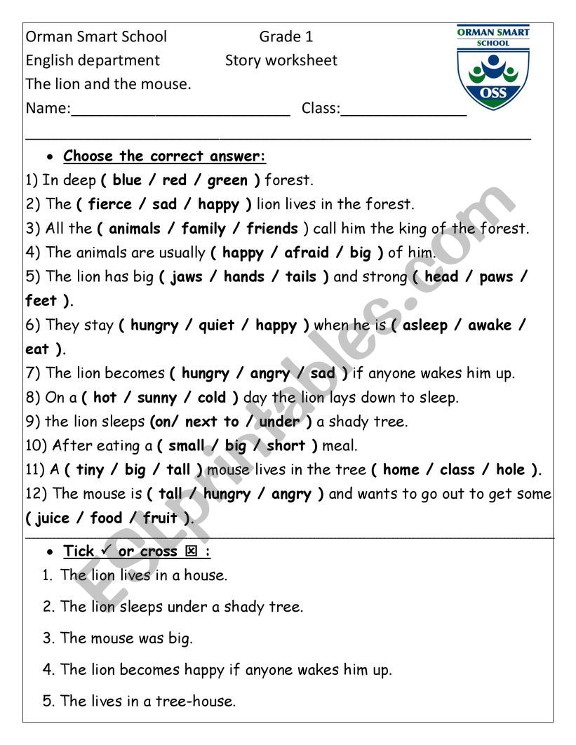 The lion and the mouse. worksheet