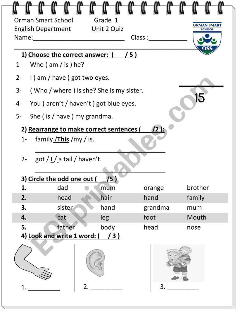 Body parts quiz worksheet