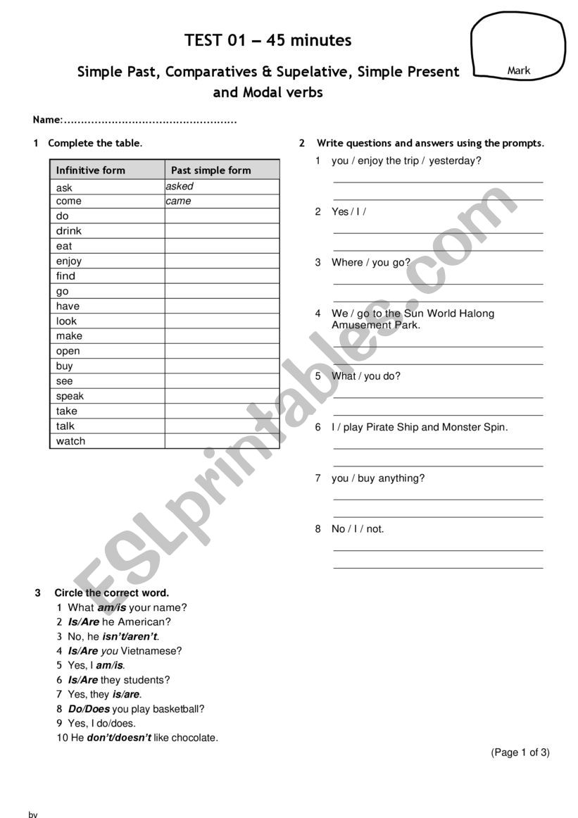 Test Simple Past, Comparatives & Supelative, Simple Present and Modal verbs