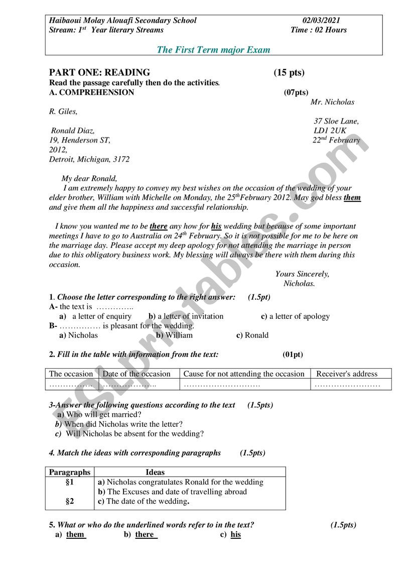 a test about a letter of apology