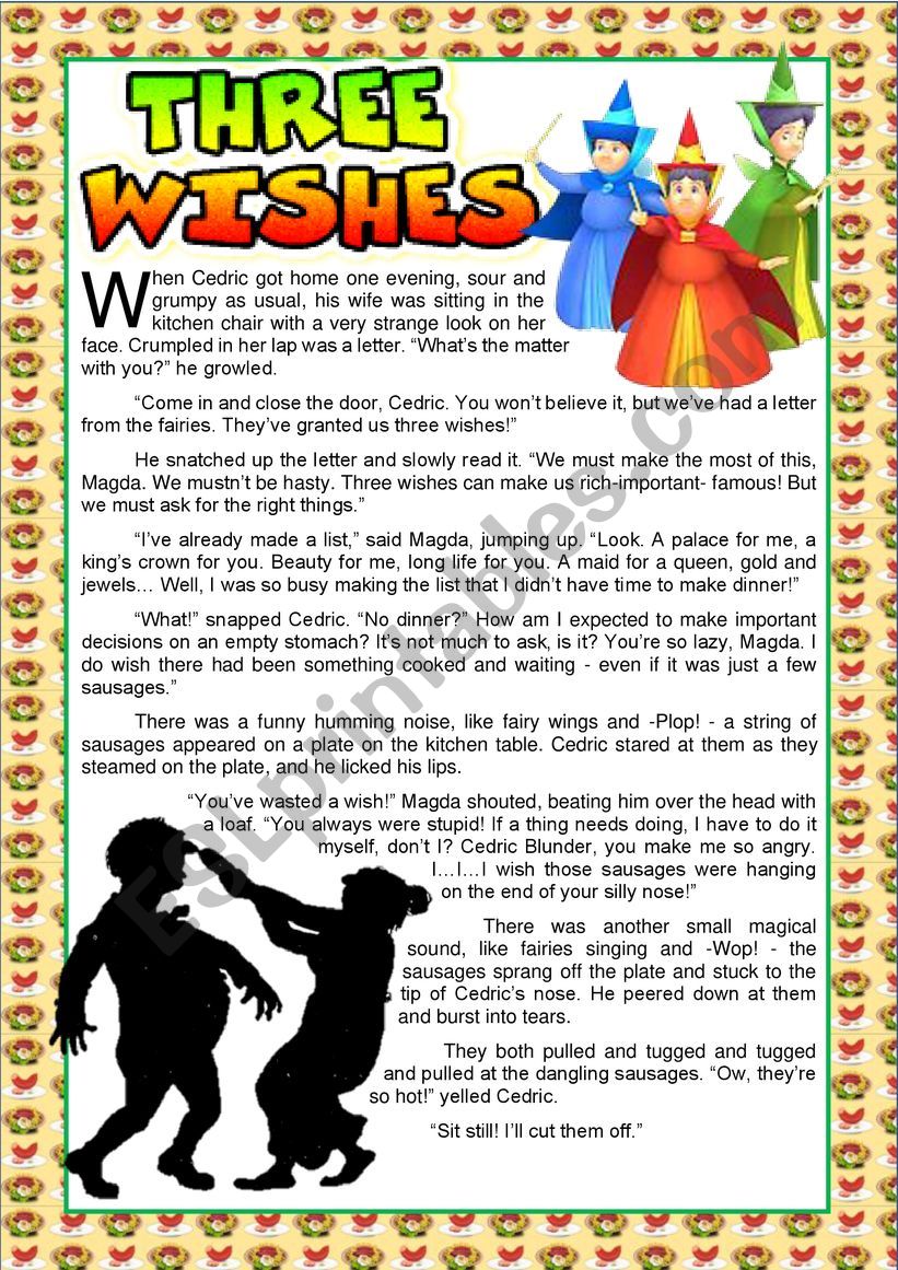 The three wishes fairytale READING & COMPREHENSION (B&W INCLUDED)