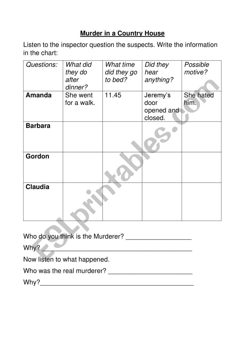 Murder in the Country House worksheet