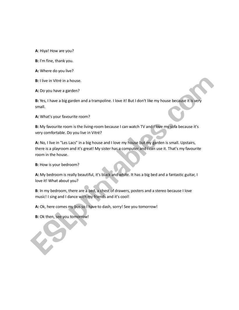 Dialogue to talk about your house and our bedroom