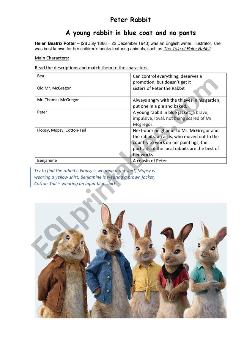 Worksheets Peter Rabbit, 2018 film