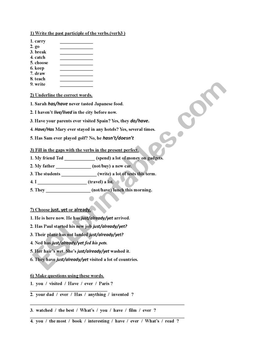 present perfect worksheet