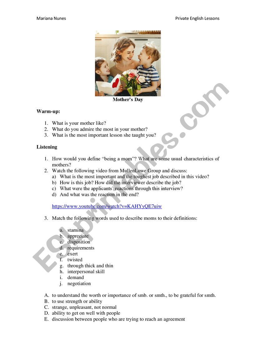 Mother�s day worksheet