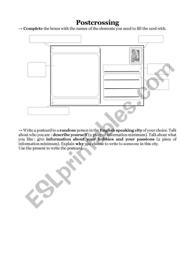 Postcrossing exam worksheet