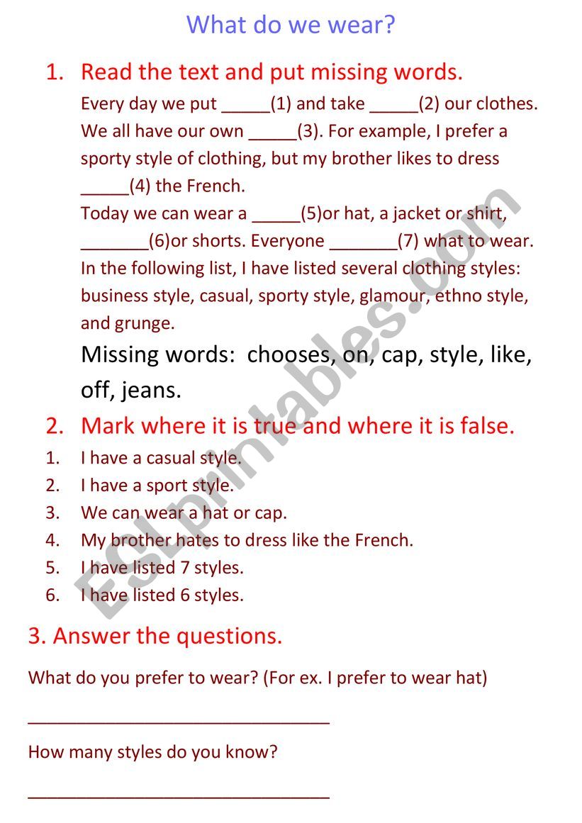 Clothing Styles worksheet