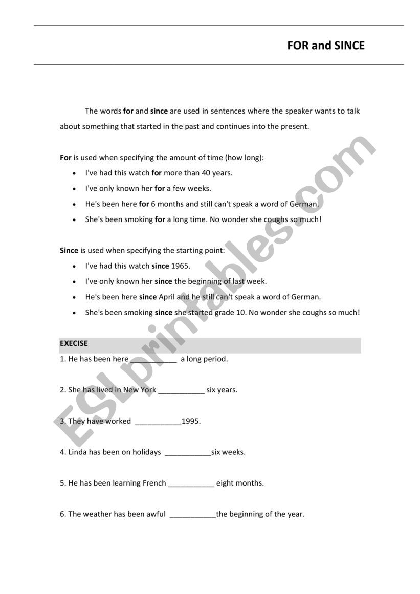 For/ since worksheet