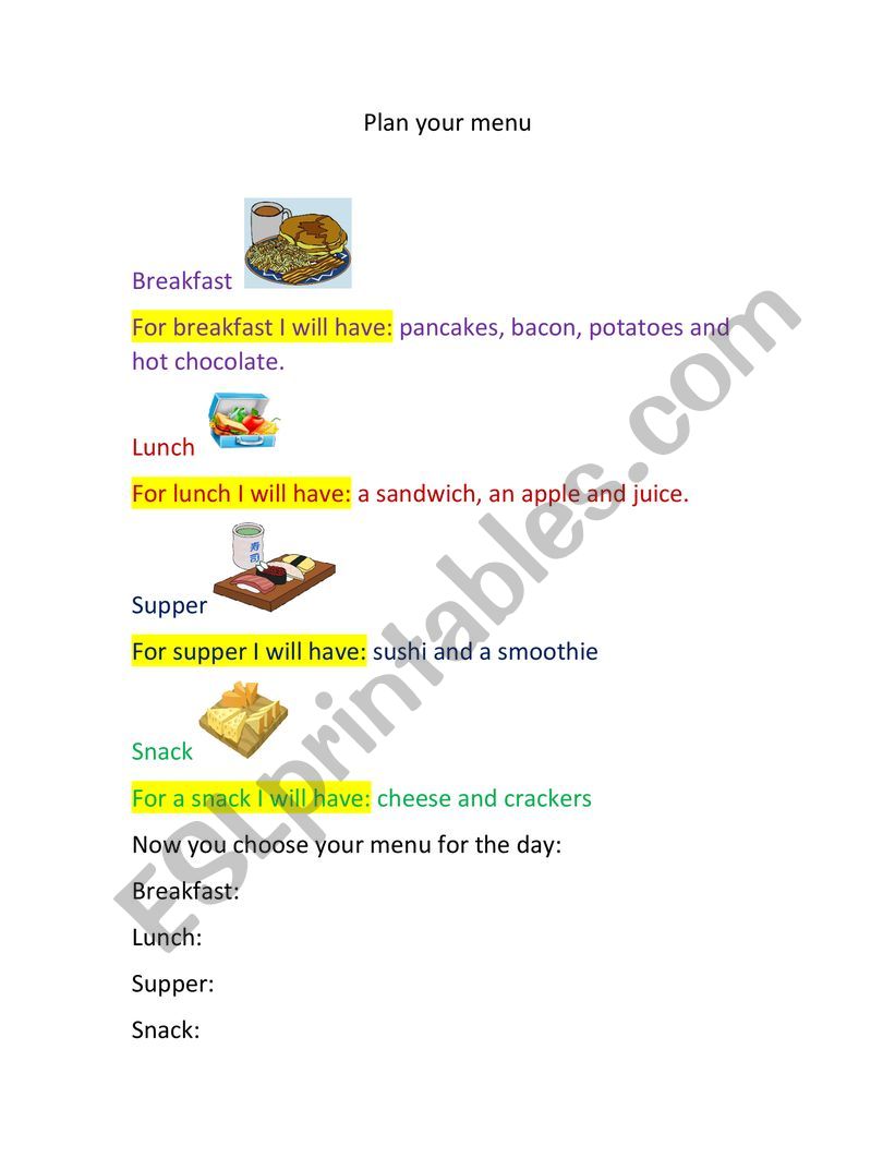 Meals worksheet