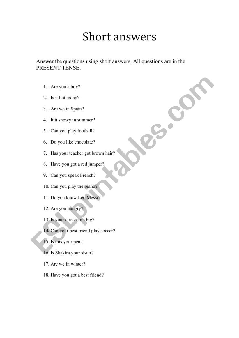 Short answers worksheet