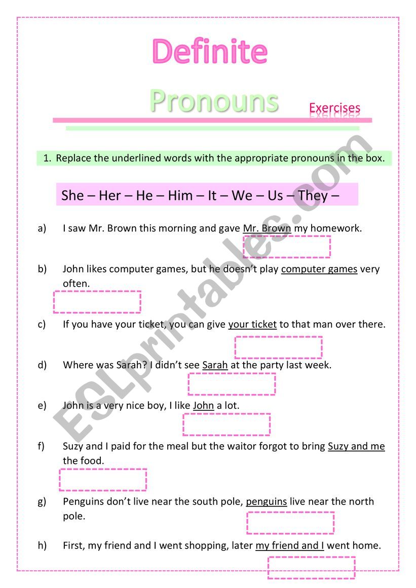 Definite pronouns exercise  worksheet