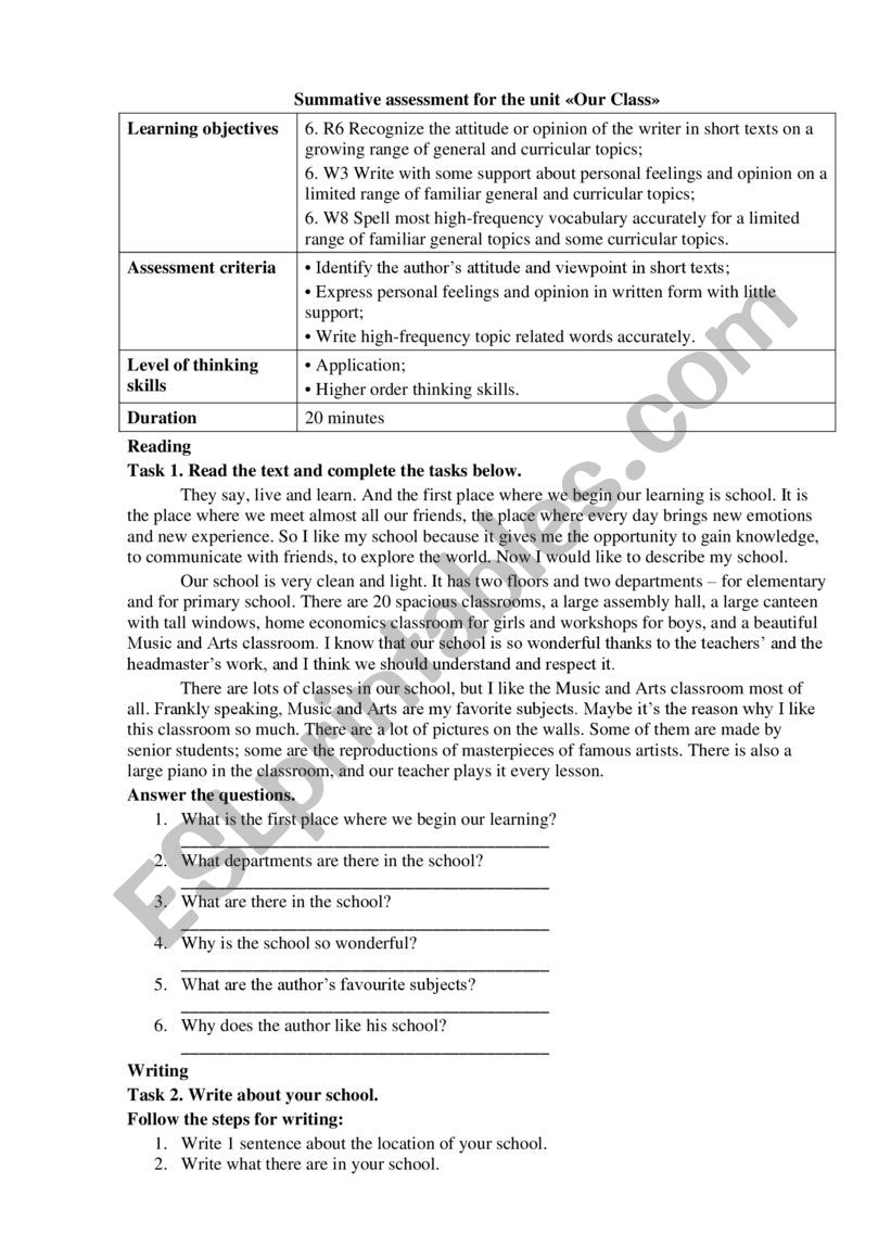 Summative assessment for the unit Â«Our ClassÂ»