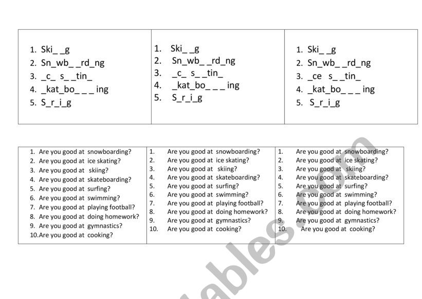 GOOD AT speaking activity + sports activities vocab