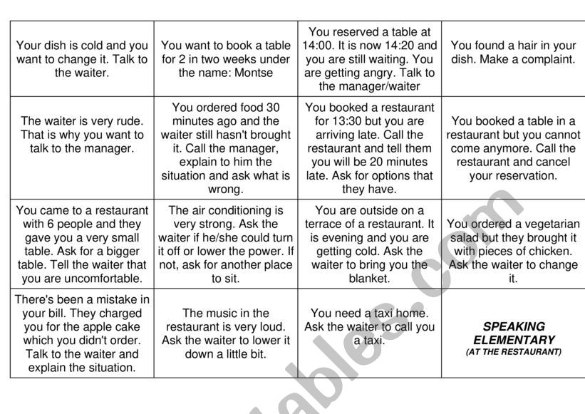 Restaurant situations speaking activity