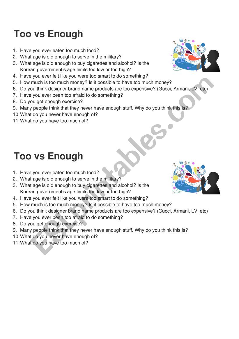 Too vs Enough speaking activity