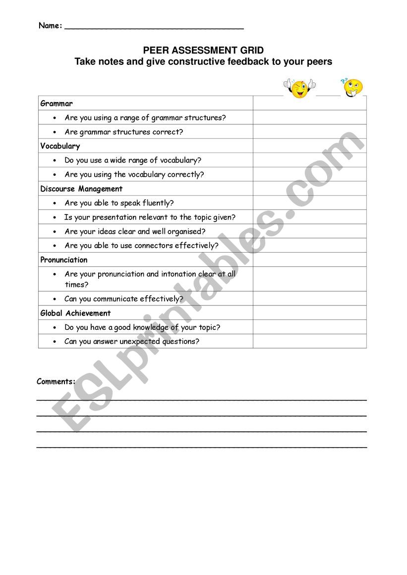 Peer Assessment Grid worksheet