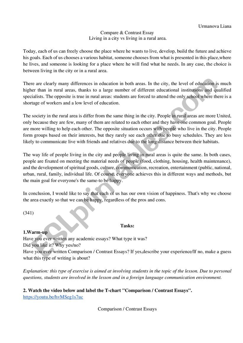 Compare & Contrast Essay  Living in a city vs living in a rural area.