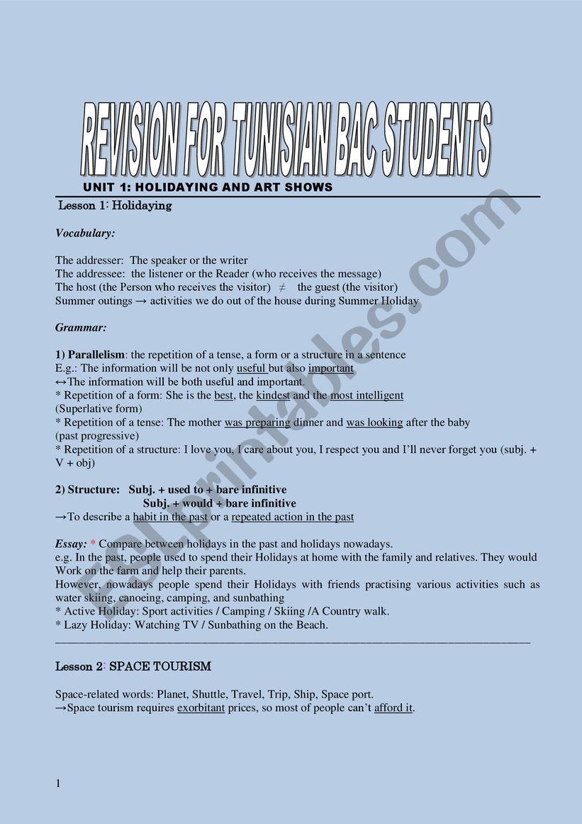   Bac revision worksheet