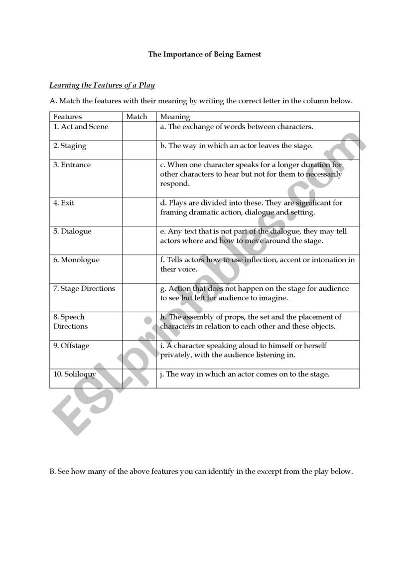 Features of a Play  worksheet