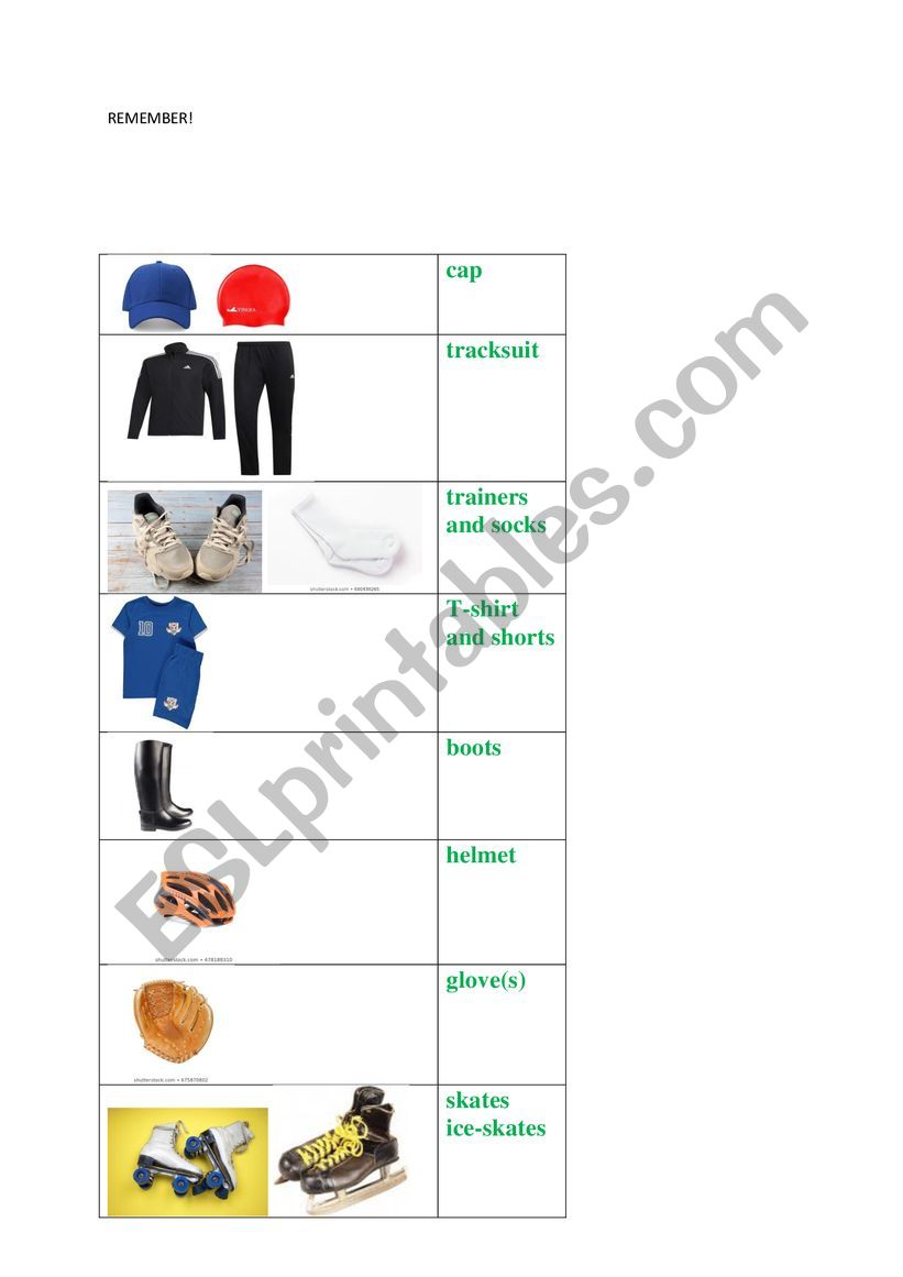 Sports kit worksheet