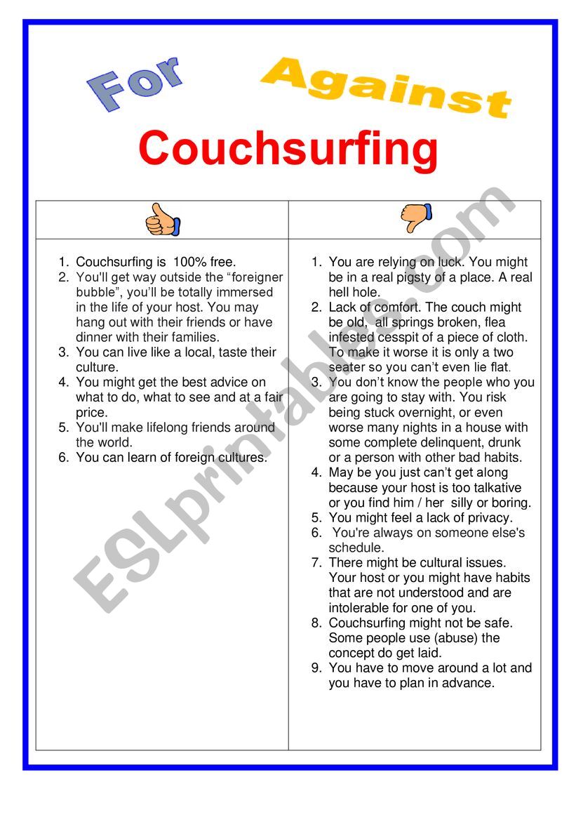 For or against Couchsurfing worksheet