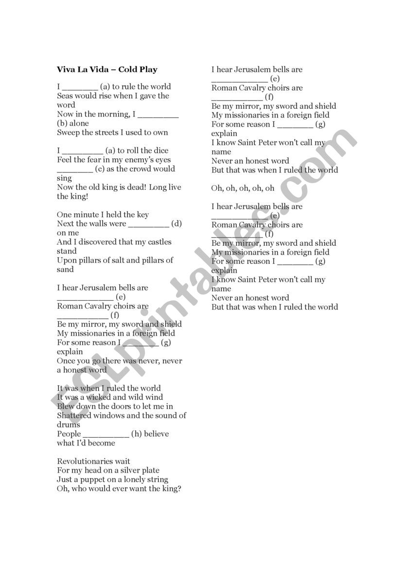 Viva La Vida Worksheet - ESL worksheet by yrd94