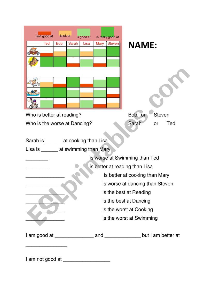 Ability / Hobbies comparatives superlatives table and questions worksheet