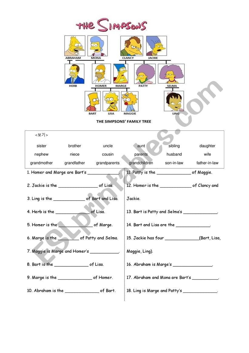 Simpson�s Family Tree worksheet