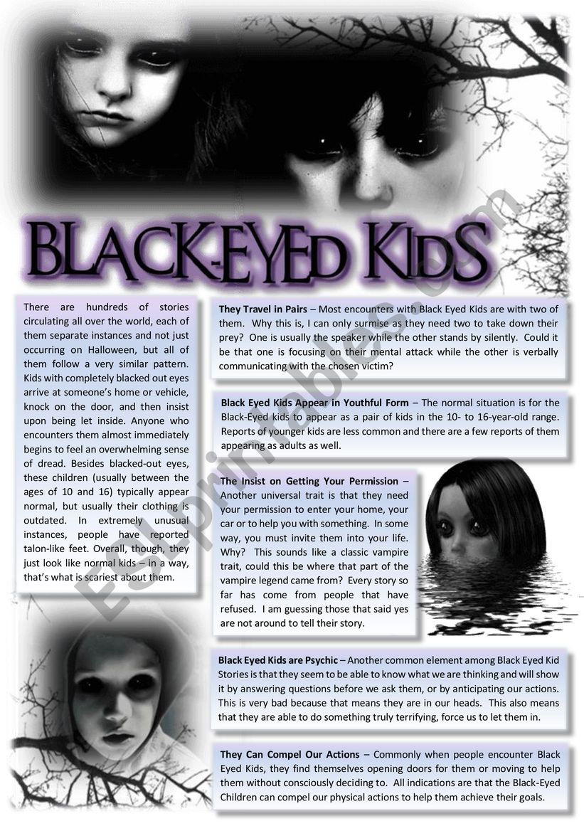 The BEK (Black-Eyed Kids) reading & comprehension with exercises. KEY included.