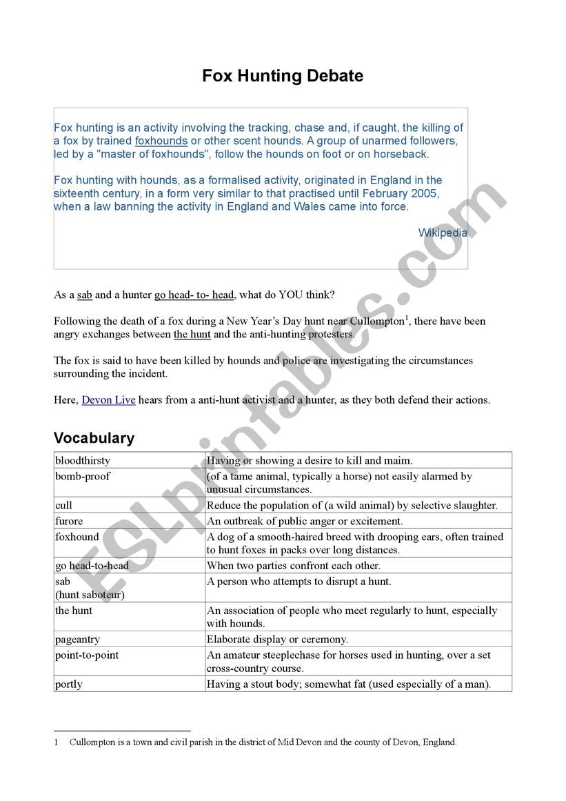 Fox Hunting Debate worksheet