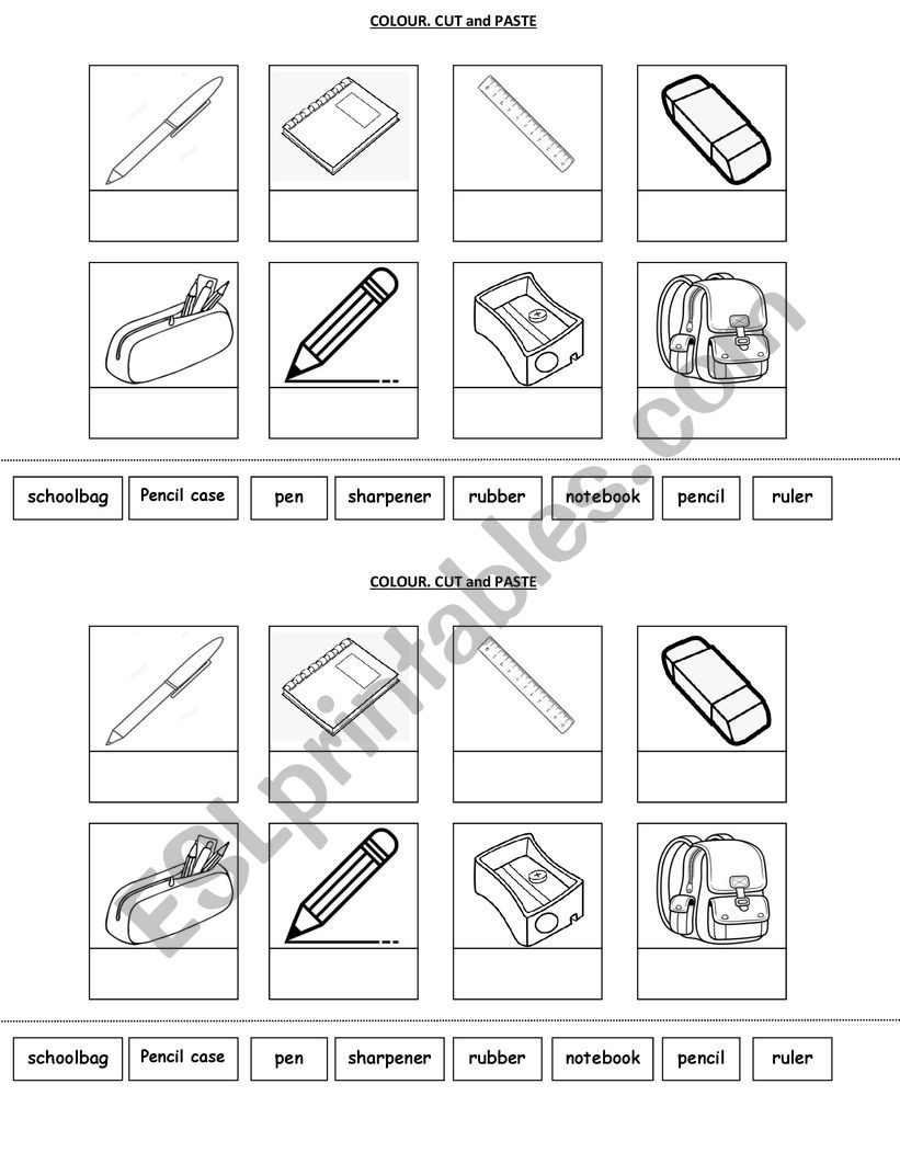 School objects. Cut and paste worksheet