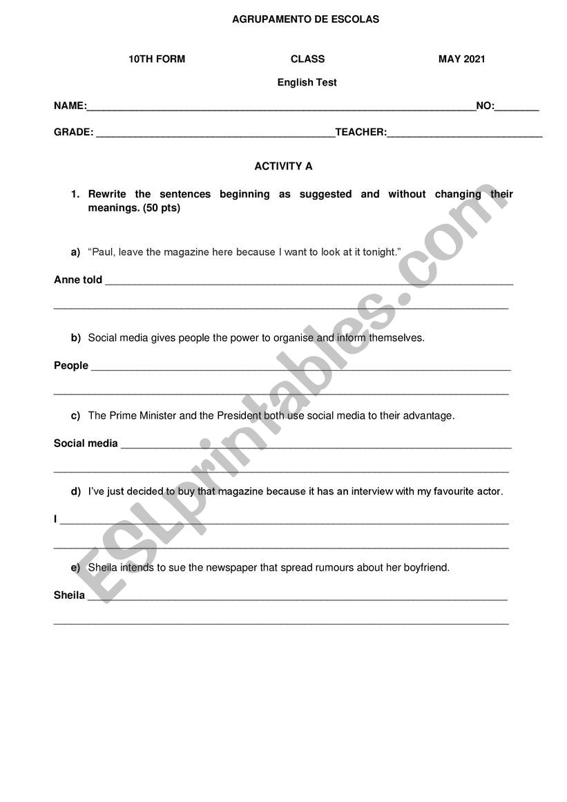 Test 10th grade worksheet