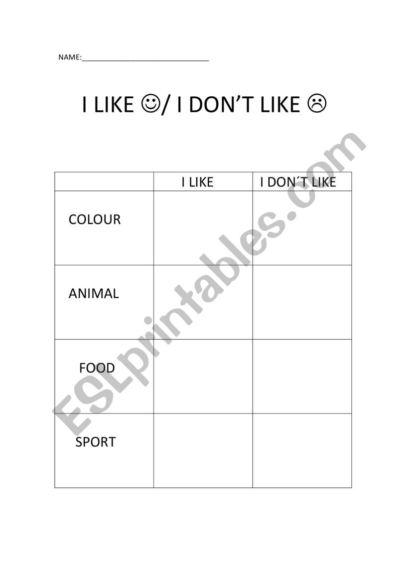 I like I don�t like worksheet