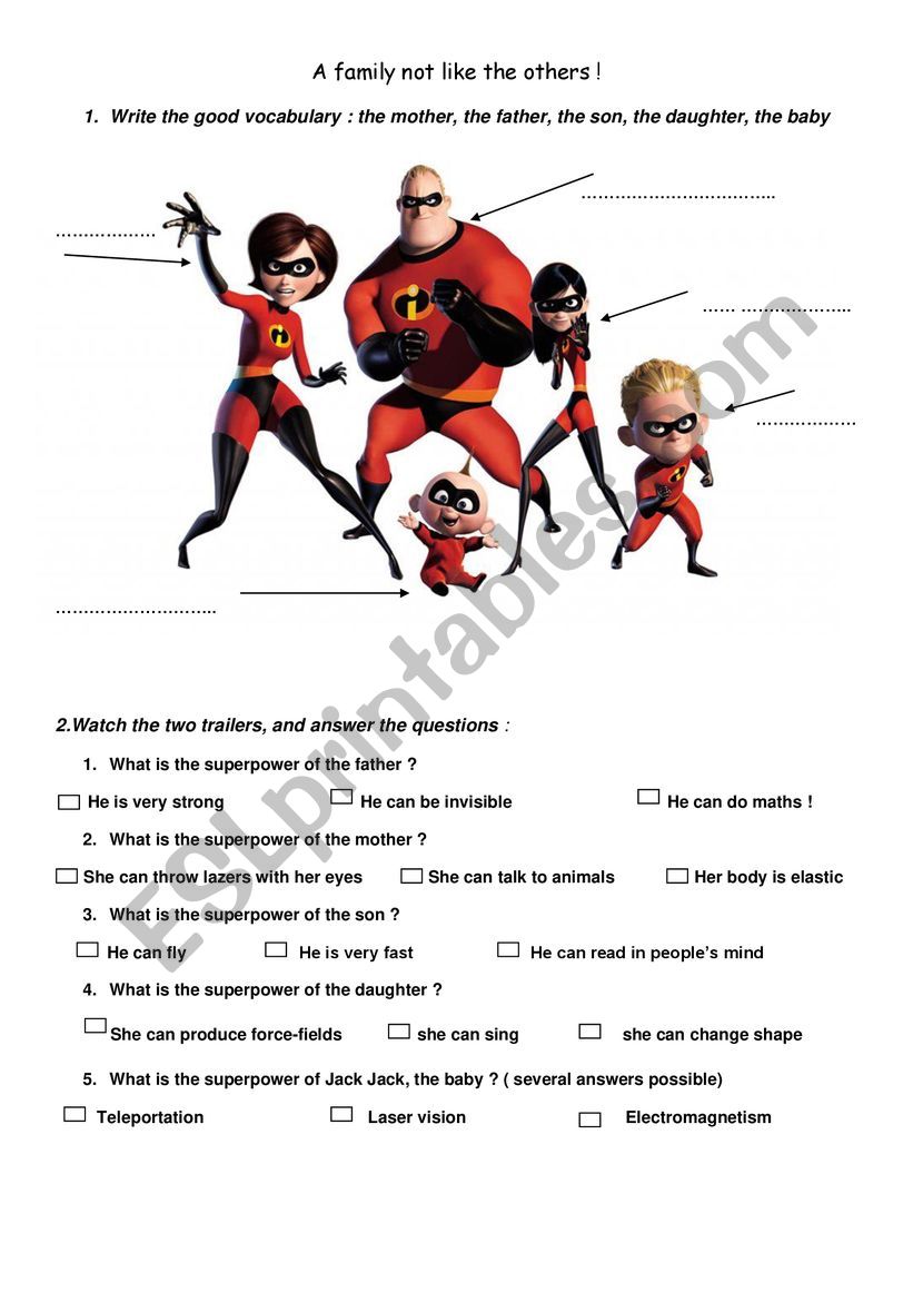 THE INCREDIBLES FAMILY worksheet