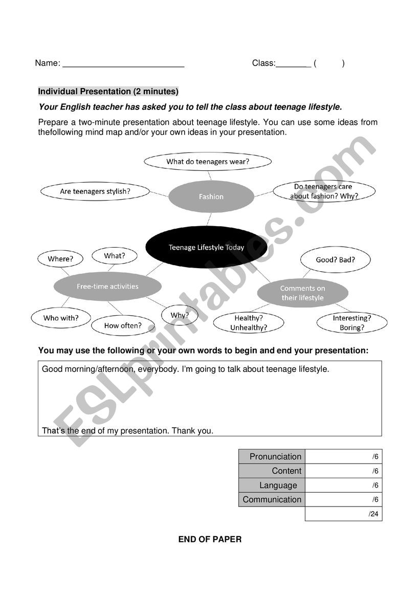 Speaking Assessment_Teenage Lifestyle
