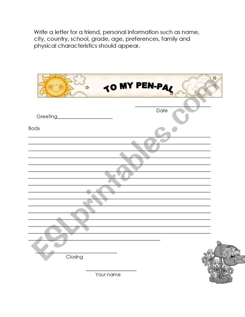 Pen pal letter worksheet