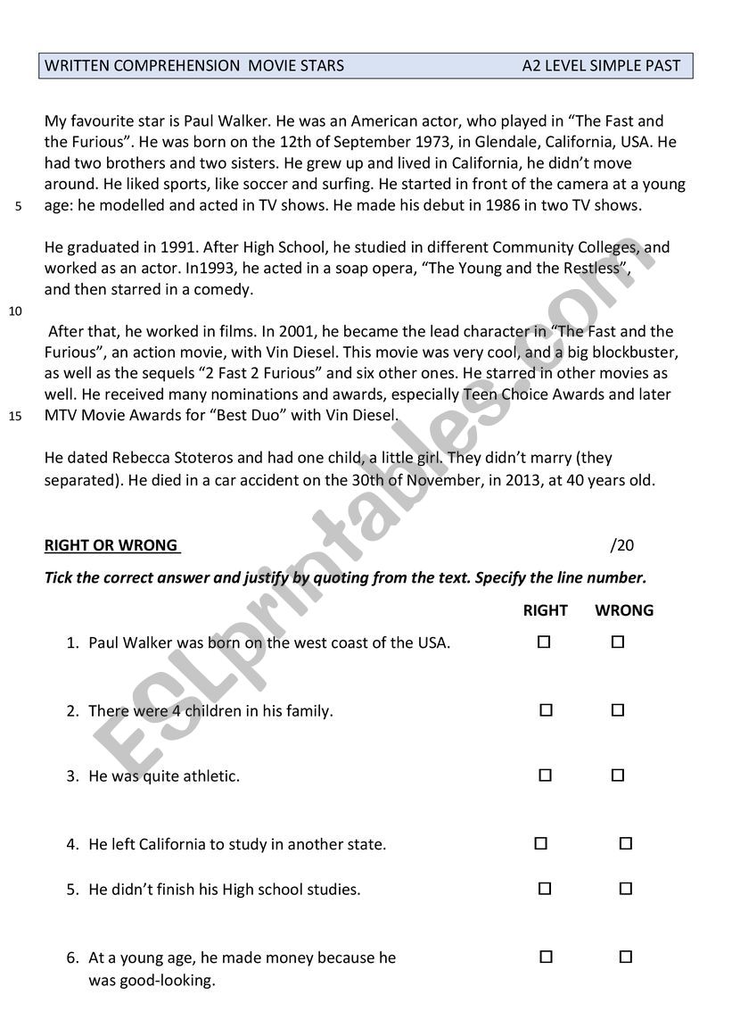 past simple   paul walker worksheet