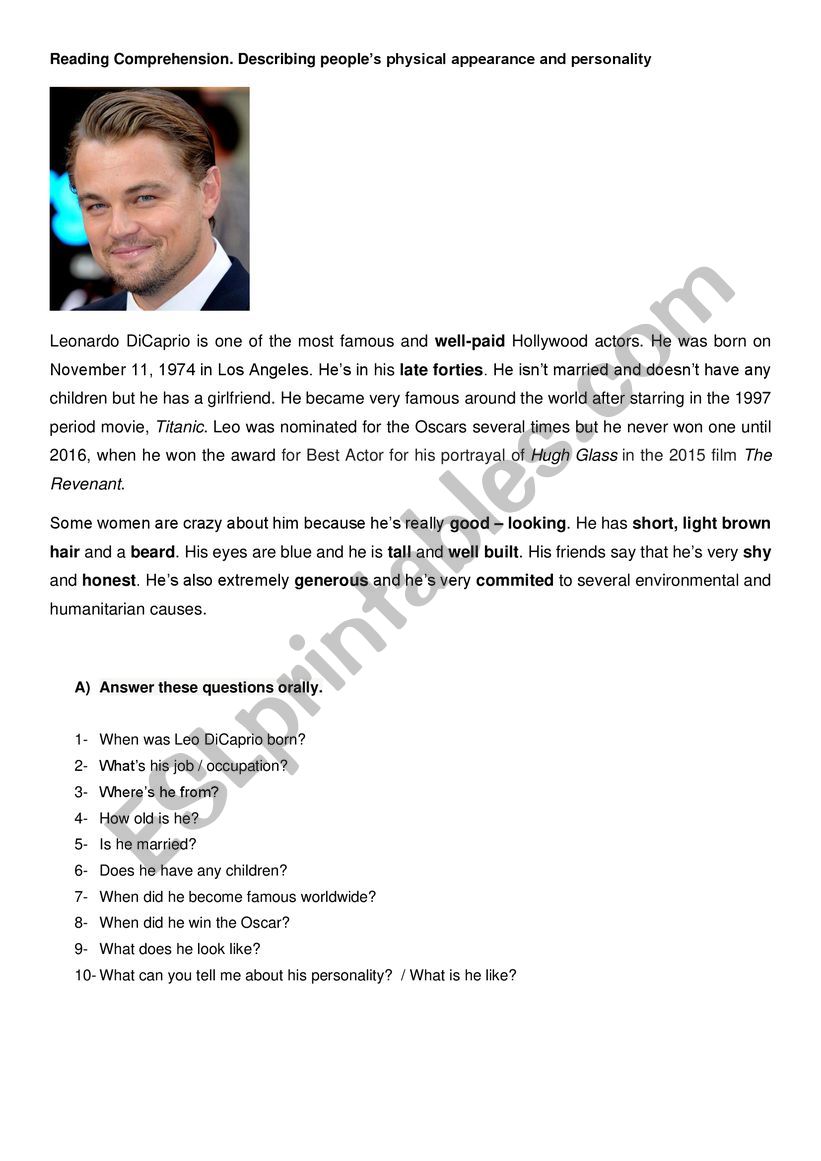 Reading Comprehension exercise bout Leonardo DiCaprio