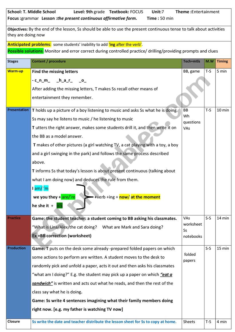Lesson plan Grammar worksheet