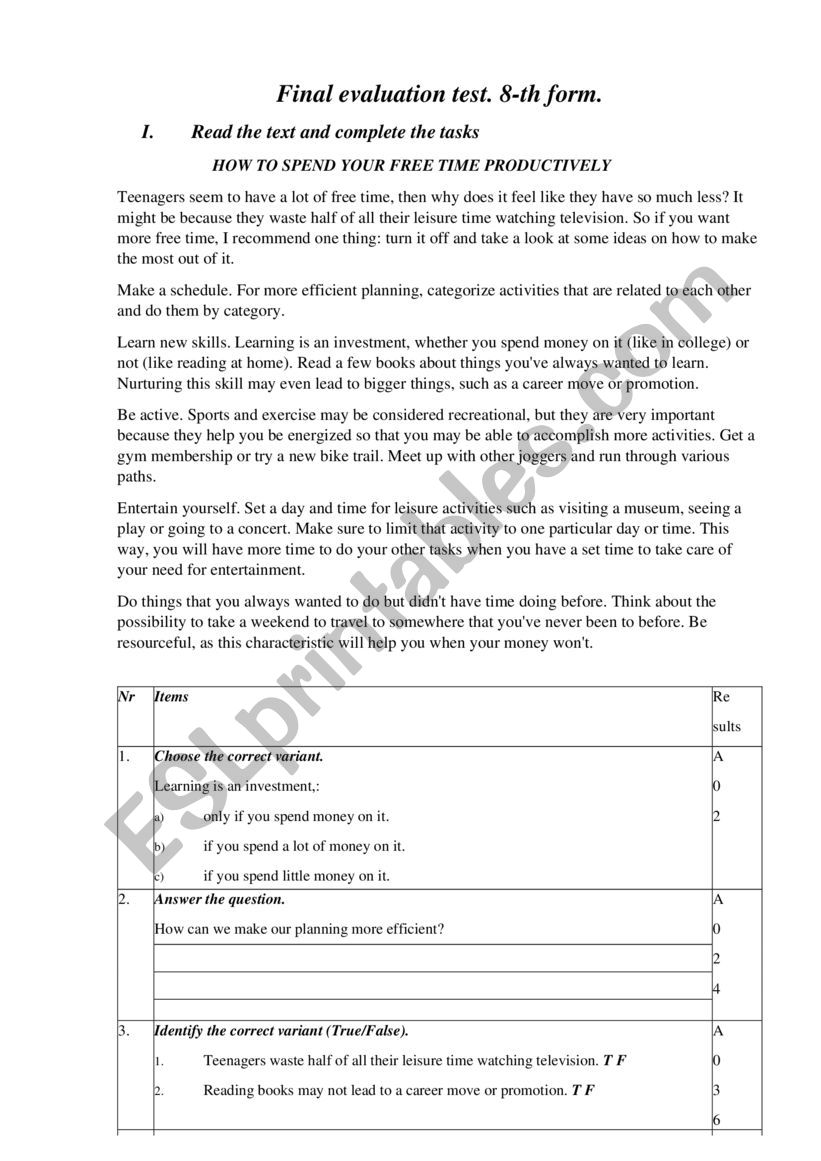 final evaluation 8-th form worksheet