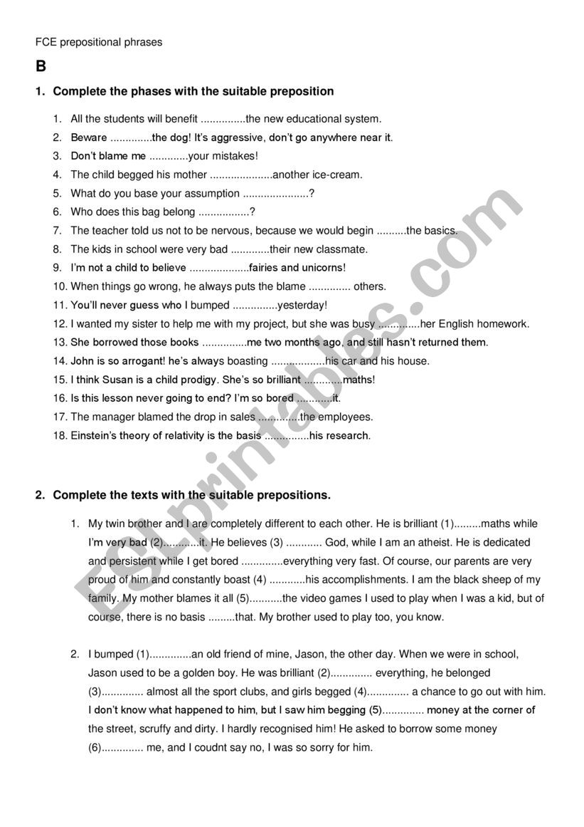 FCE Exercises- Verbs, Nouns, adjectives with prepositions. B