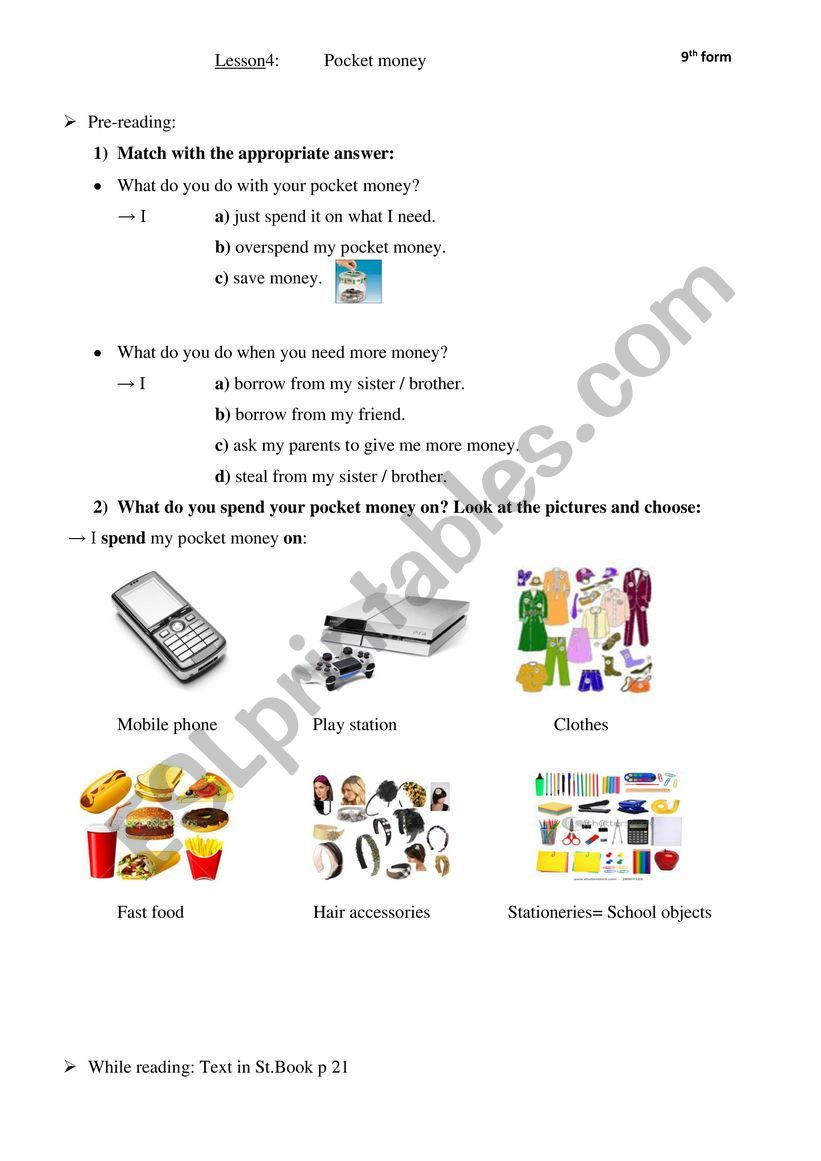 Pocket money worksheet