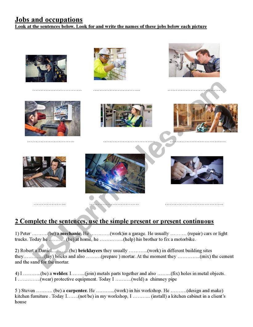 Jobs and occupations  worksheet