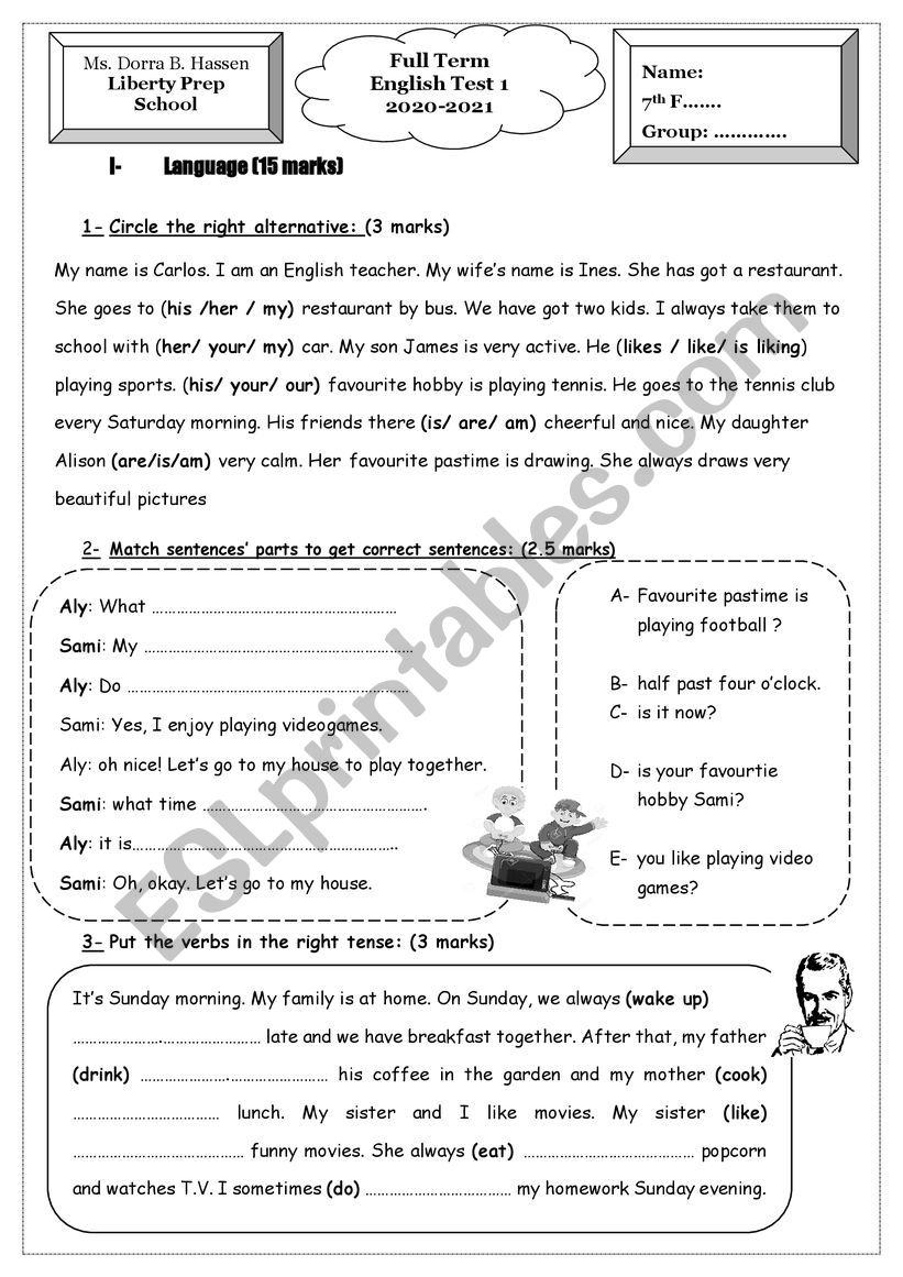 7th form full term test 1 worksheet