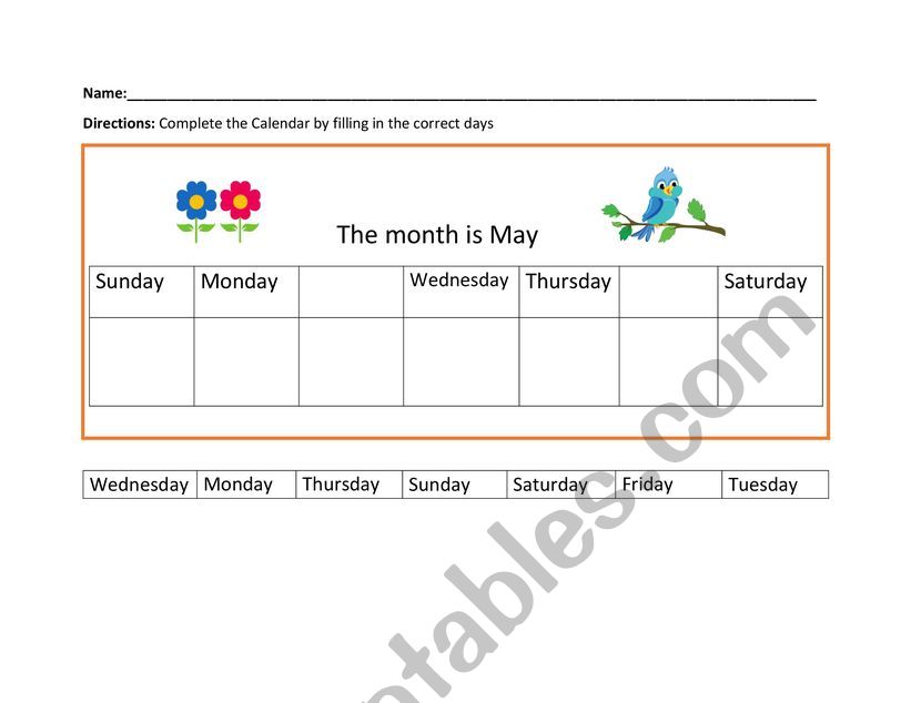 May Editable Calendar Worksheet