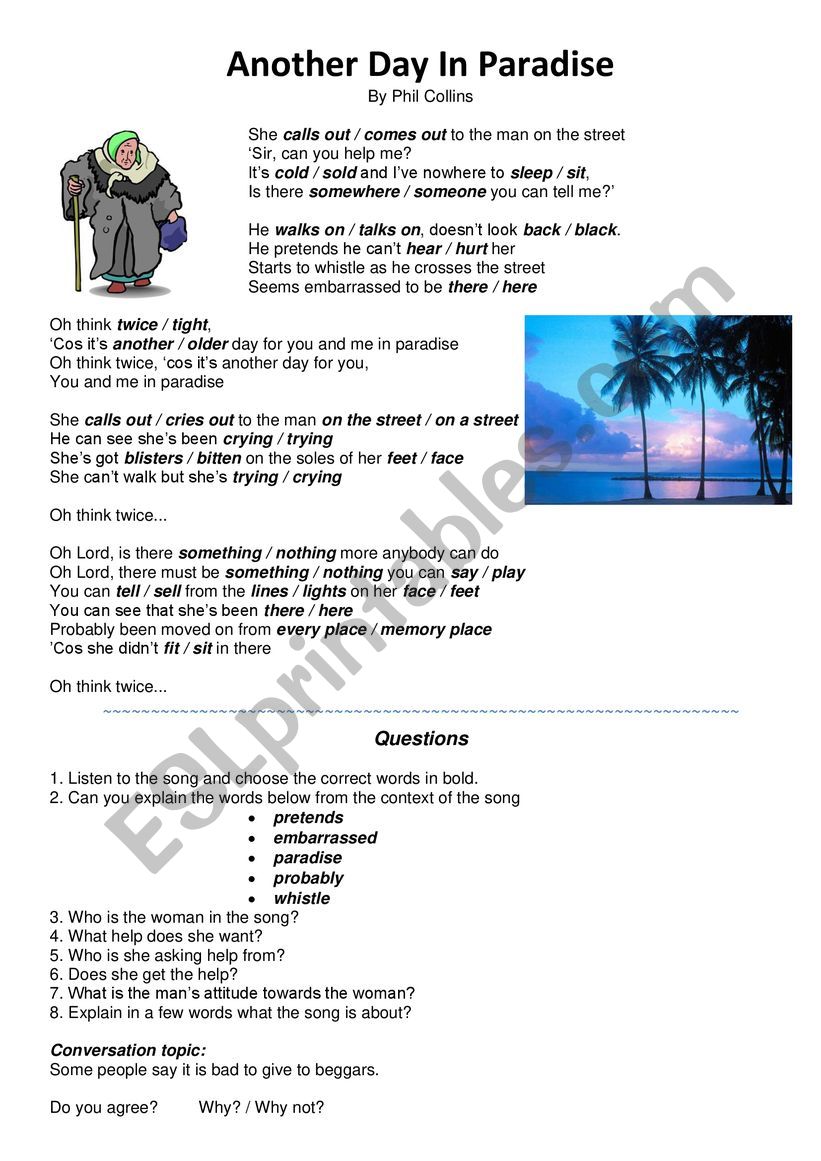 another day in paradise worksheet
