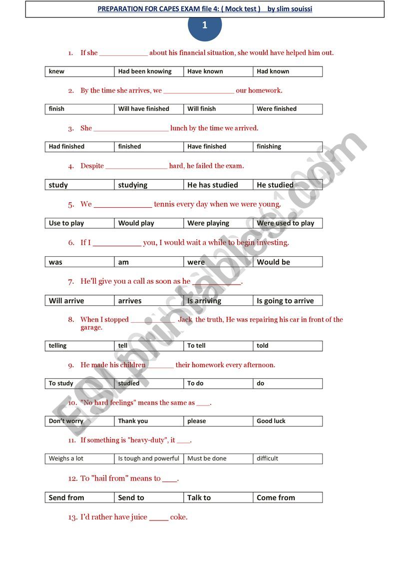 Mock test  worksheet