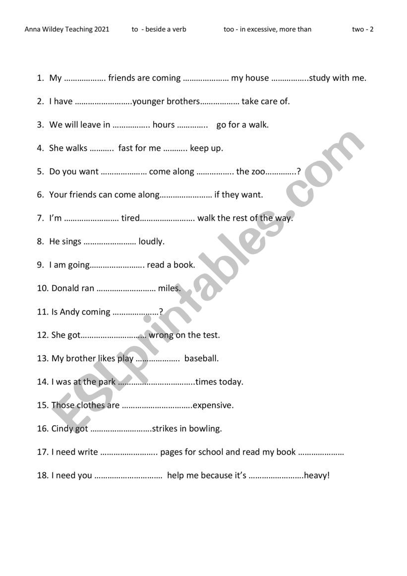 To Too worksheet