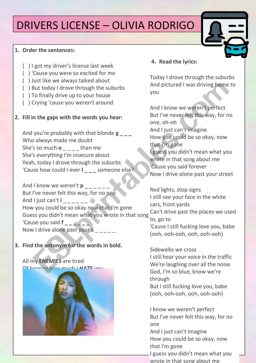Drivers License Olivia Rodrigo Esl Worksheet By Nessasanchez Drivers License Olivia Rodrigo Esl Worksheet By Nessasanchez